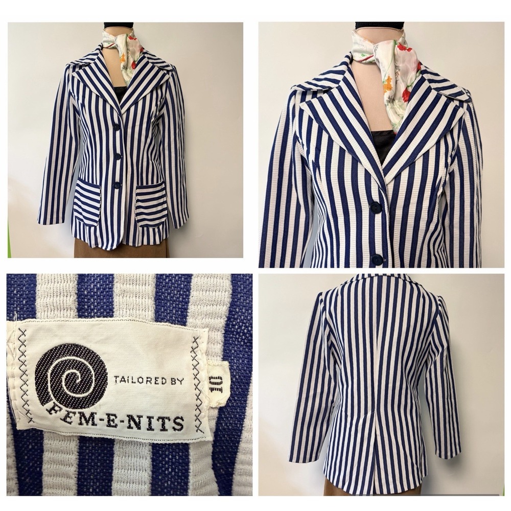 Vintage 1970s Fem-e-nits Womens Blazer Preppy Ivy League Striped MOD Sz 10